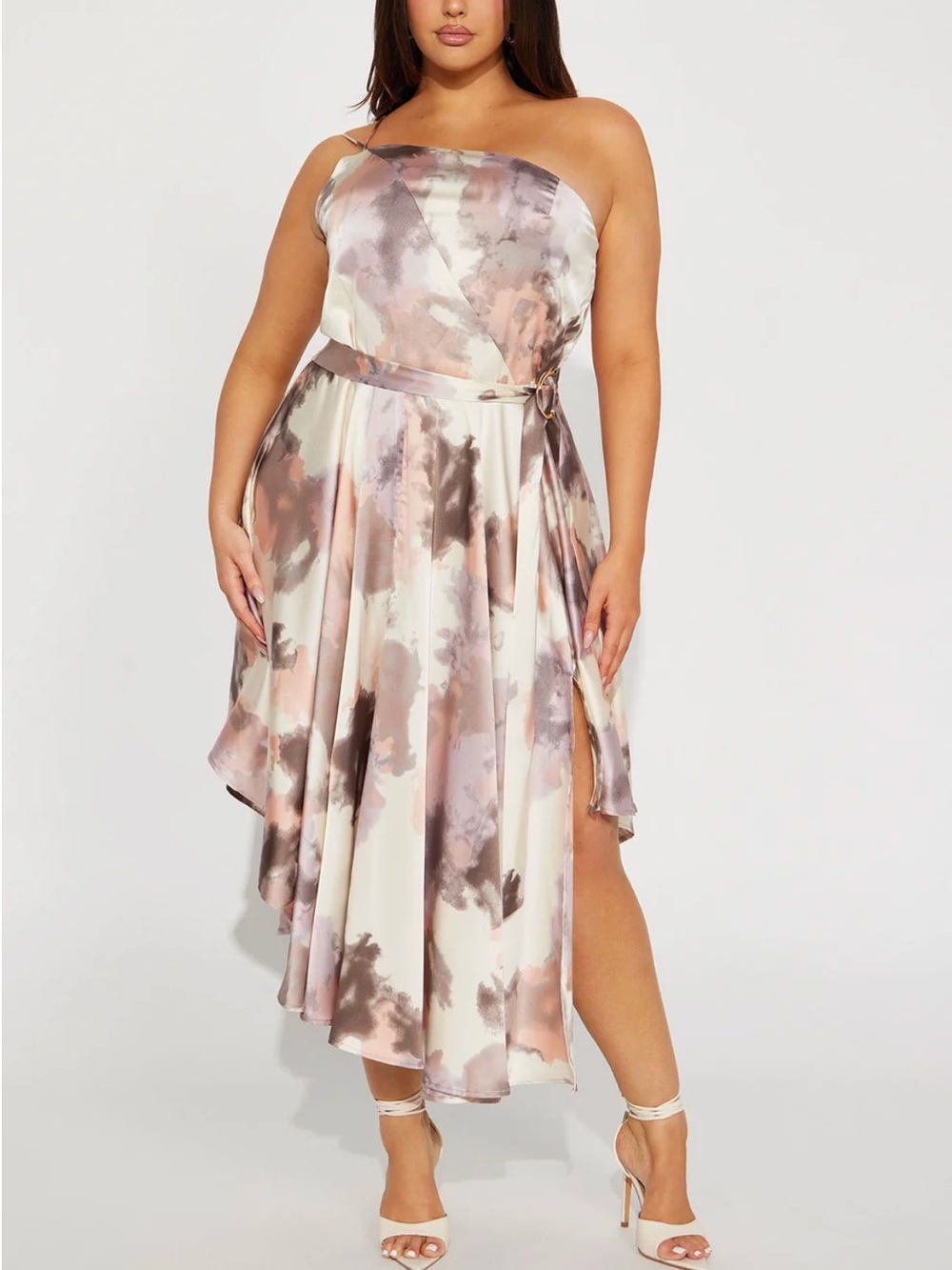 Asymmetric Satin Midi Dress in Blush Watercolor Size XL